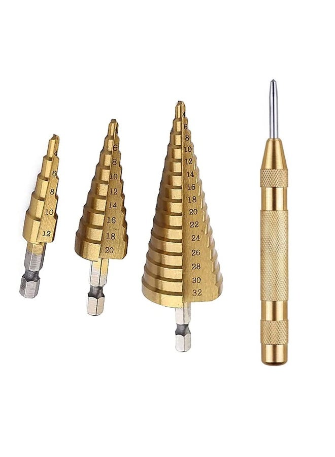 3Pcs High-Speed Steel Step Drill Bit Set with Automatic Spring Loaded Center Punch, 4-12mm/4-20mm/4-32mm Drill Bits Set for Sheet Metal Hole Drilling - Image 1